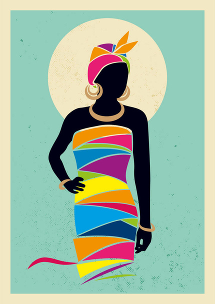 Цифровая иллюстрация современного африканского женского силуэта с ярким цветным платьем, стоящим перед круглым солнцем
 - Вектор,изображение