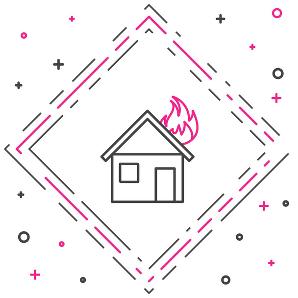 Vonal Tűz égő ház ikon elszigetelt fehér alapon. Színes vázlat koncepció. Vektorillusztráció - Vektor, kép