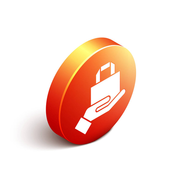 Isometric Commande en ligne et icône de livraison de restauration rapide isolé sur fond blanc. Bouton rond orange. Illustration vectorielle - Vecteur, image