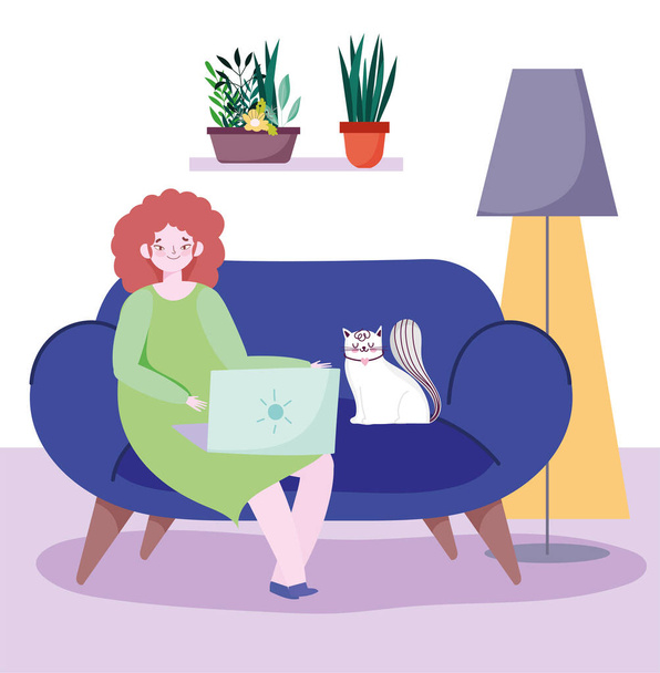 etätyö, nuori nainen ja kissa sohvalla kannettavalla tietokoneella
 - Vektori, kuva