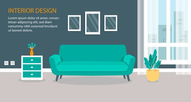 Modernes Design Wohnzimmer Interieur. Gestaltung eines gemütlichen Zimmers mit Sofa, Fenster und Dekorationszubehör. - Vektor, Bild