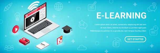 E-learning narrow banner, education process isometric concept. 3d symbol of video lesson, research of material, practice, exam. Learn design, online training courses and school vector illustration - Vector, Image