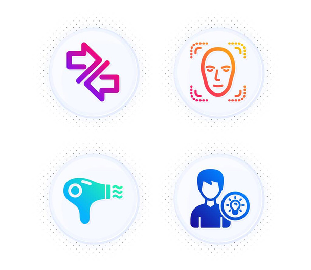 Face detection, Synchronize and Hair dryer icons simple set. Button with halftone dots. Person idea sign. Detect person, Communication arrows, Hairdryer. Lamp energy. Technology set. Vector - Vector, Image