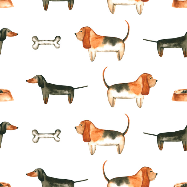 水彩犬とのシームレスなパターン。手書きのイラストは白で隔離されています。バセットの猟犬とダックスフントは、ペットショップのデザイン、獣医クリニック、織物、インテリア壁紙に最適です - 写真・画像