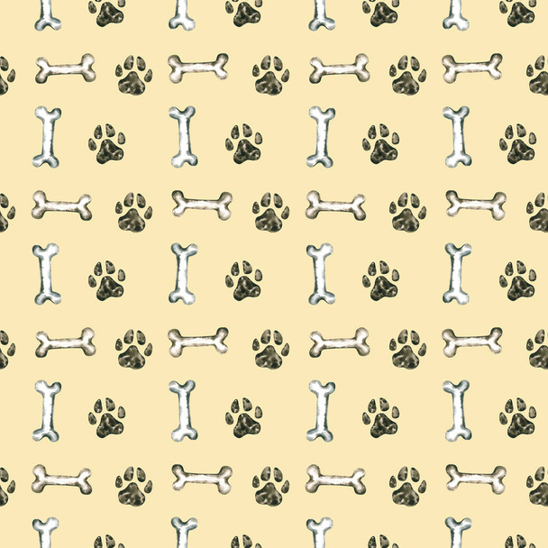 Seamless pattern with watercolor footprints and bone. Hand drawn illustration is isolated on beige. Painted template is perfect for pet shop design, veterinary clinic, fabric textile, wallpaper - Photo, Image