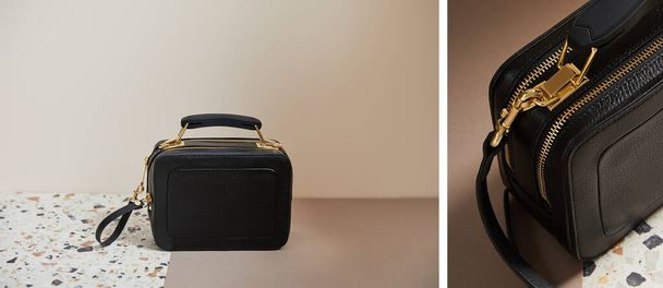 collage de sac à main en cuir noir avec fermeture éclair dorée sur la surface en marbre sur fond beige
 - Photo, image