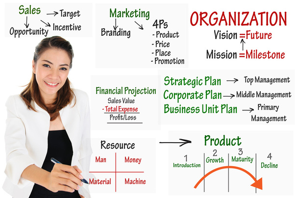 zakenvrouw schrijven businessmodel voor de structuur van organisatie - Foto, afbeelding