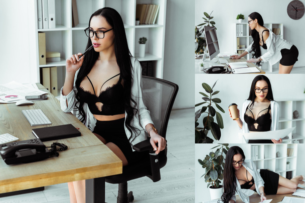 Collage de sensual secretaria bebiendo café, trabajando con papeles y sentado en la mesa de trabajo en la oficina
  - Foto, Imagen