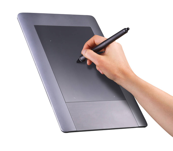 Hand holding digital graphic pen and drawing graphic tablet isolated on white - Fotoğraf, Görsel