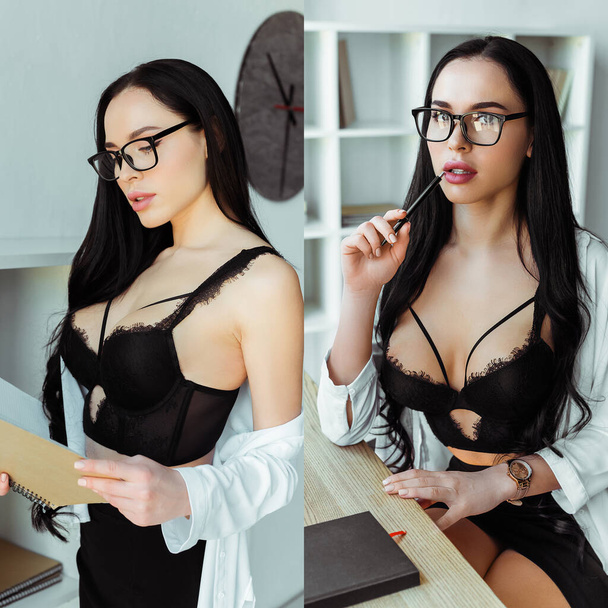 Collage of sensual secretary in bra holding notebook and pen in office  - Fotografie, Obrázek