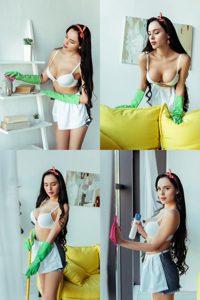 Collage of sensual woman in rubber gloves using rag and broom at home  - Photo, Image