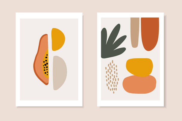 Set of summer artistic greeting cards, invitations. Cut papaya fruit, palm leaf and abstract geometric shapes. Modern minimalist vector drawing, web banners. Tropical posters, wall art, brochure cover - Vektor, obrázek