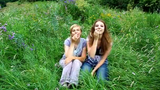 Cheery and amusing mother and daughter fun with spikelets in the mouth on a green meadow - Video, Çekim