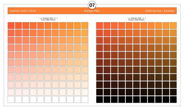 2020 Printemps / Printemps Été / Peau d'orange / pour les imprimés textiles et l'utilisation numérique. Mode Tendance Couleurs Guide avec des tons et des ombres Swatches
. - Photo, image