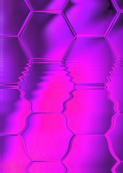 яркий неоново-розовый и фиолетовый с шестиугольными слоями мозаики, а затем трансформируется во многие узоры и конструкции волновой эффект отражения воды
 - Фото, изображение