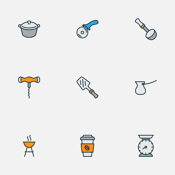 Icone di cottura linea colorata set con pentola, spatola bbq, bilance da cucina e altri elementi decaffeinati. Isolate icone di cucina vettoriale illustrazione
. - Vettoriali, immagini