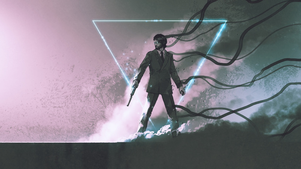 człowiek z pistoletem stojący na tle dymu z tajemniczym świecącym trójkątem, cyfrowy styl sztuki, obraz ilustracji - Zdjęcie, obraz