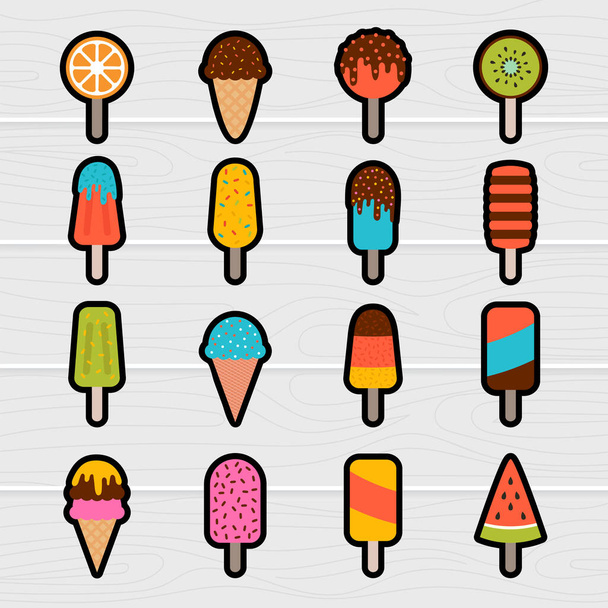 Sammlung von niedlichen Cartoon-Eis-Aufklebern. Handgezeichnete Sommerbonbons. Gefrorener Fruchtsaft, Dessert. Vektorillustration - Vektor, Bild
