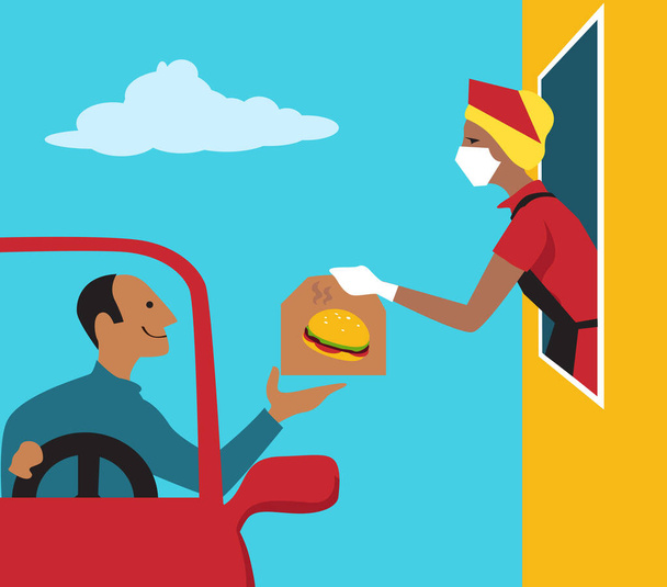 Restaurant werknemer in een masker en handschoenen omgaan met een bestelling aan een klant in een drive-through venster, EPS 8 vector illustratie - Vector, afbeelding