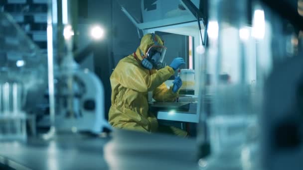 Anticorps recherche cocnept, covid-19 coronavirus pandémie. Un employé de laboratoire examine une sonde biochimique
 - Séquence, vidéo