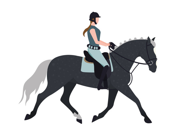 馬の上のジョッキー。馬に乗っている少女のイラスト。種牡馬に乗る女性のイラスト。競走馬の女性の姿 - ベクター画像