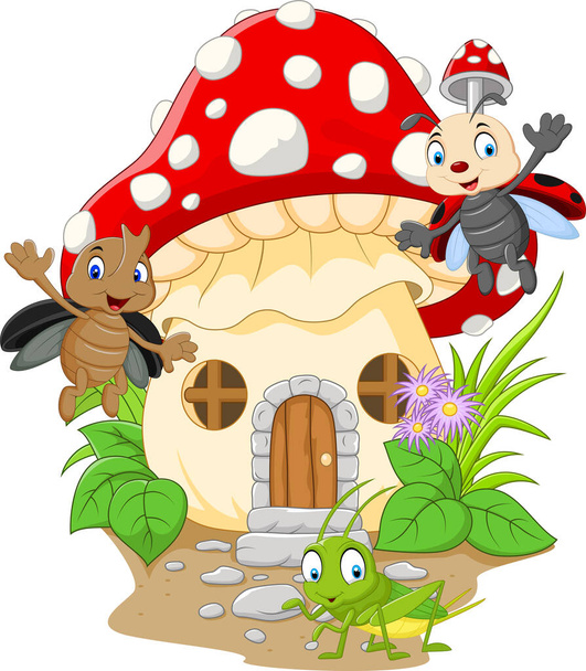 Vector illustration of Cartoon funny insects with mushroom house - Vector, Image