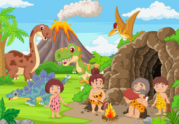 Vektorová ilustrace skupiny kreslených jeskynních a dinosaurů v lese - Vektor, obrázek