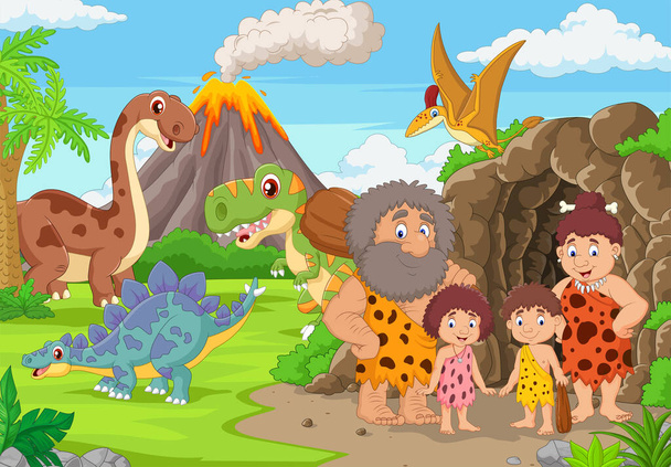 Εικονογράφηση διάνυσμα της ομάδας των ανθρώπων των σπηλαίων κινουμένων σχεδίων και δεινόσαυροι στο δάσος - Διάνυσμα, εικόνα