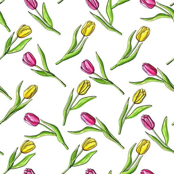 Цветочный набор тюльпанов бесшовный текстурный фон розовый желтый
 - Вектор,изображение