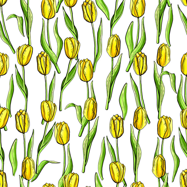 Цветочный набор тюльпанов бесшовный текстурный фон желтый
 - Вектор,изображение