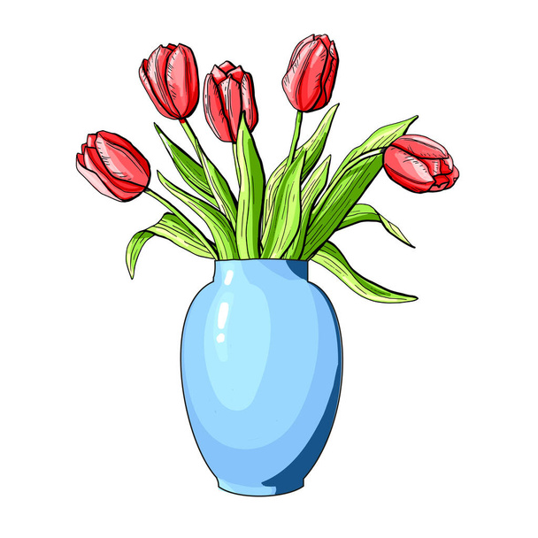 Tulipán virágdíszlet piros csokor váza szirom levél - Vektor, kép