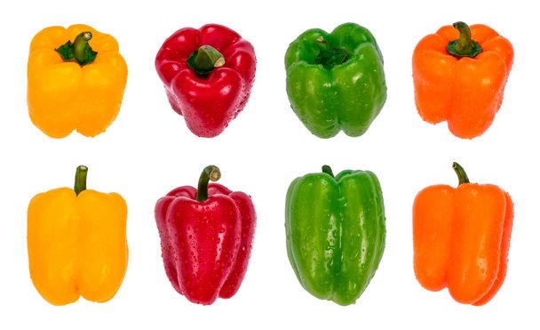 黄色、赤、緑、オレンジの甘いピーマンと水滴は、列、上側と側のビューに配置されます。白い背景に隔離された有機新鮮な野菜 - 写真・画像