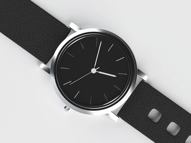 3D модель часов с черным ремешком в минималистском стиле. Вид сверху. Визуализация часов
 - Фото, изображение