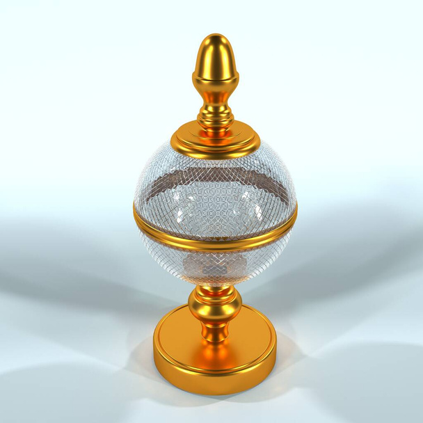 Хрустальная ваза с золотом. Сферическая ваза. 3D моделирование и визуализация вазы золотым цветом на белом фоне. 3D рендеринг
 - Фото, изображение