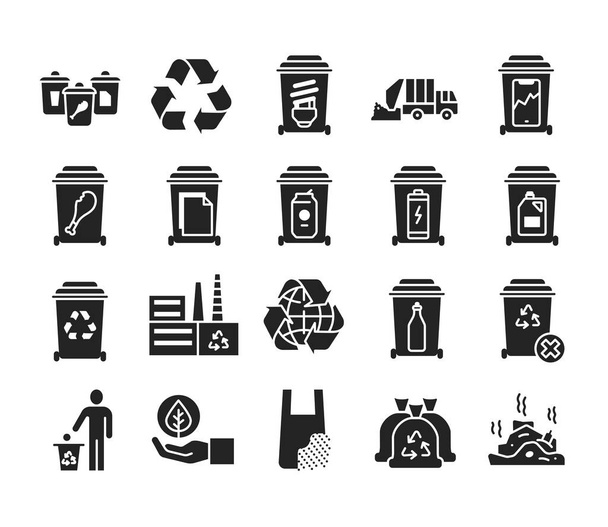 Recycling zwarte glyph pictogrammen ingesteld. Afval sorteren. Geen verspilling van levensstijl. Pictogrammen voor webpagina, mobiele app, promo. - Vector, afbeelding