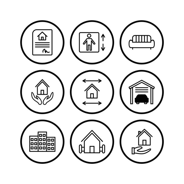 Set von 9 Immobilien-Symbolen auf weißem Hintergrund Vektor isolierte Elemente... - Vektor, Bild