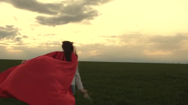 free girl in a red cloak runs with swords in his hand across field playing medieval knight. young girl playing super heroes. child play knights. children fight with a toy sword. happy childhood - Footage, Video