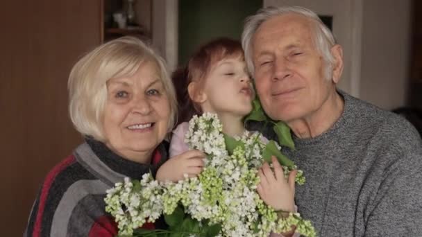 Lapsenlapsi suutelee vanhempi hymyilevä isoisä isoäidin kanssa kotona
 - Materiaali, video