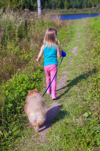 Little girl walking with her ​​dog on a leash - Фото, зображення