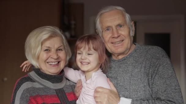 Uśmiechnięty dziadek rodziny, babcia z wnuczką dziecka w domu - Materiał filmowy, wideo
