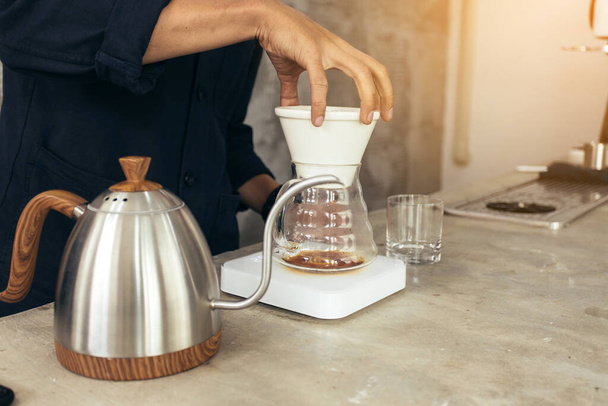 Barista brewing coffee, method pour over, drip coffee - Photo, Image