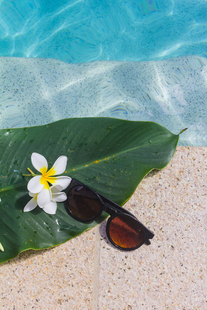 Πράσινο φύλλο, γυαλιά ηλίου και λευκά λουλούδια κοντά στην άκρη της πισίνας - Φωτογραφία, εικόνα