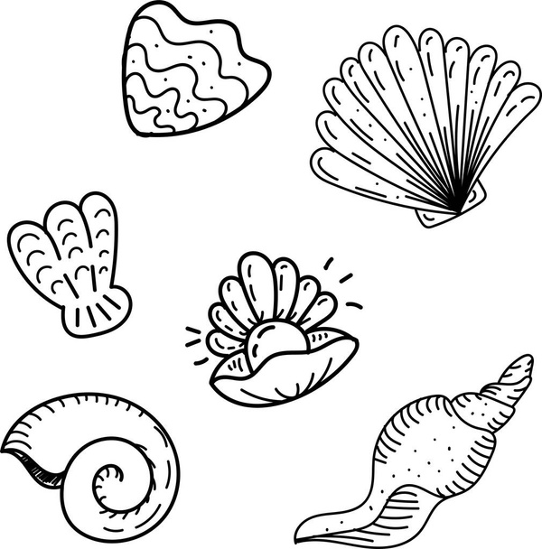 vector set of elements, black and white drawing of a marine inhabitant, doodle coloring, cute seashells - Vector, Image