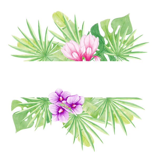 Watercolor banner: Orchids, Magnolia, Leaves Palms, Monstera. Exotic forest greenery herbs, flowers. Hand painting. Elegant tropical design. Perfectly for printing on invitations, cards, menu, other. - Photo, Image