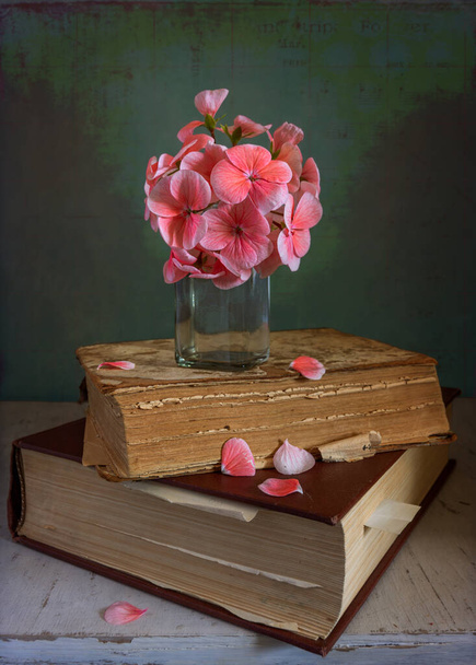 Stilleven met bloeiende geranium en oude boeken. Traditioneel. Minimalisme. - Foto, afbeelding