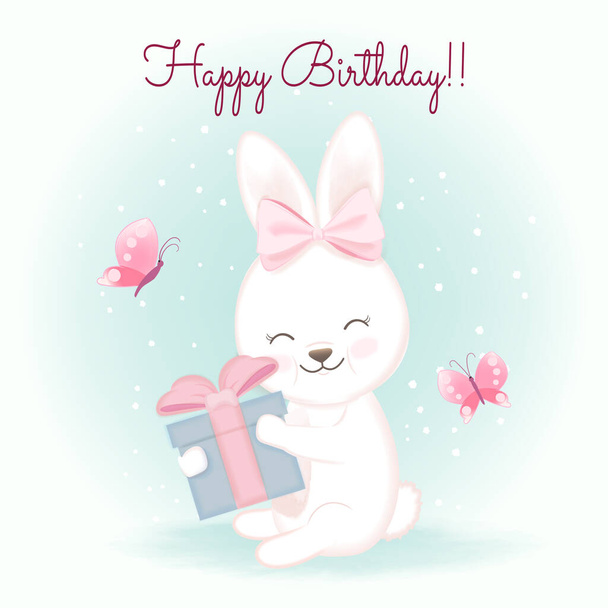 Birthday card with rabbit and gift, hand drawn cartoon watercolor illustration - Vector, imagen