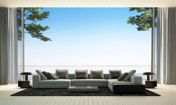 Modern oturma odası iç tasarım ve deniz manzaralı arka plan - Fotoğraf, Görsel