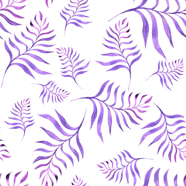 手描きの熱帯ヤシの葉、ジャングル植物、パラダイス花束の構成でシームレスなパターン。紫色の葉が美しい - 写真・画像