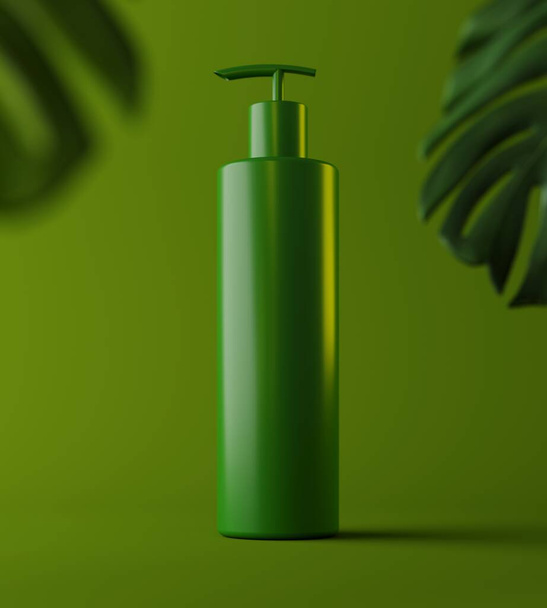 Design of natural cosmetic cream , serum, skincare blank bottle packaging with leaves herb, bio organic product. beauty. 3d illustartion. Product presentation. - Foto, Imagen