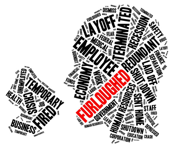 Furloughed head jelling shaped word cloud concept auf weißem Hintergrund. - Foto, Bild